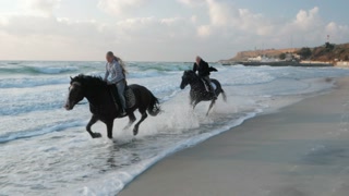 美丽的年轻女子在海边骑着黑马欣赏美丽的风景在日落或日出的光线下奔跑