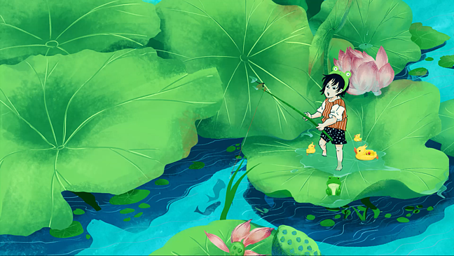 手绘卡通唯美清新夏天荷花荷塘背景视频